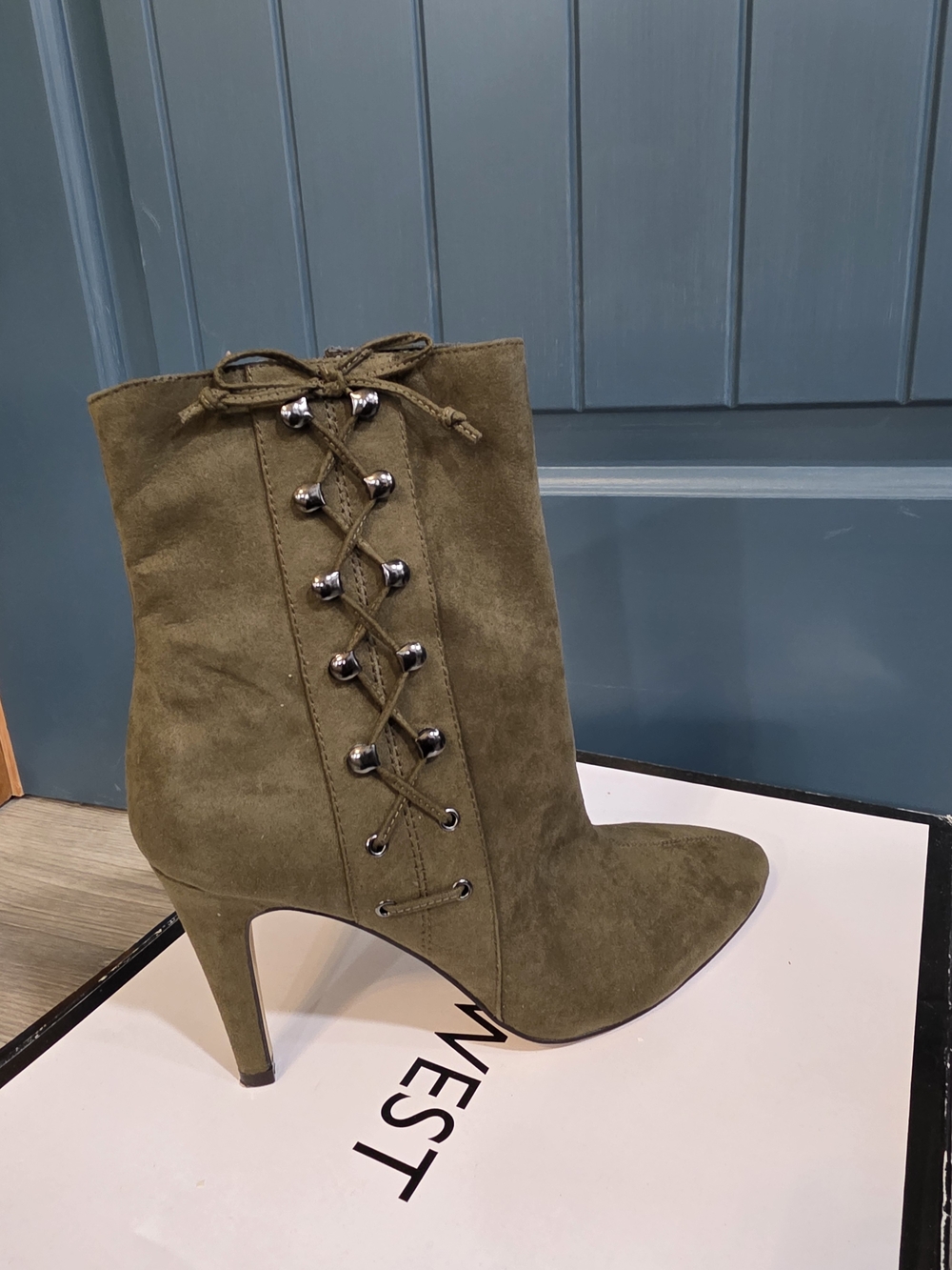 Nine West Olive Suede Pointed-Toe Lace-Up Ankle Boot